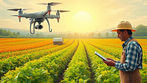 An illustration of a futuristic farm setting with robotic drones equipped with cameras flying over lush fields, scanning crops for signs of disease, while a farmer monitors real-time diagnostic alerts on a tablet, showcasing the integration of AI in agriculture for proactive pest management.