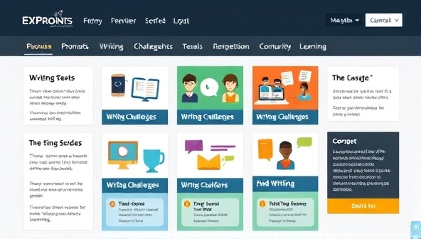 An engaging and dynamic online platform interface displaying a variety of writing challenges, prompts, and community interactions, symbolizing creativity, competition, and collaborative learning in a digital environment.