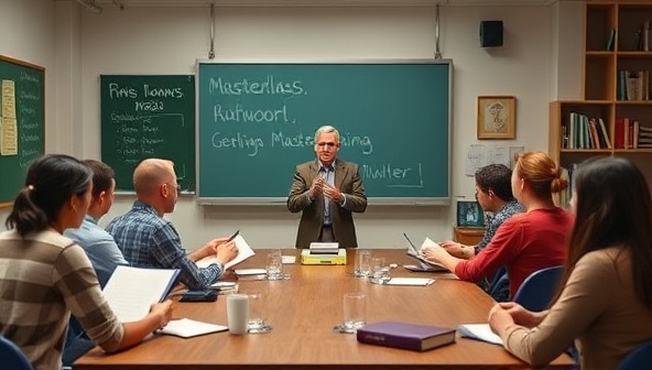 A dynamic digital classroom setting with a renowned author conducting an engaging masterclass session, surrounded by aspiring writers actively participating, taking notes, and interacting virtually, immersed in a collaborative and enriching learning environment that fosters growth and creativity.