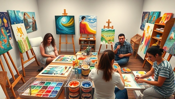An expressive virtual art studio setting with individuals engaging in therapeutic art activities, surrounded by colorful paints, brushes, and personal artworks, creating a nurturing and healing environment for emotional expression and growth.