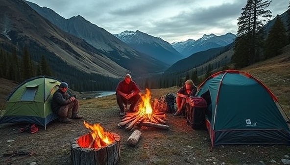 An outdoor adventure scene featuring a group of travelers setting up camp with rented gear, surrounded by scenic nature views, campfires, and hiking trails, evoking a sense of freedom, exploration, and outdoor escapades.