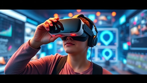 An individual wearing a VR headset, exploring a visually stunning and interactive virtual environment representing a website design, surrounded by digital elements and futuristic aesthetics, symbolizing an immersive web design experience.