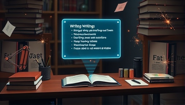 An artistic representation of a futuristic writing desk with a holographic AI assistant displaying writing suggestions, surrounded by floating books and creative sparks, symbolizing innovation and writing enhancement.