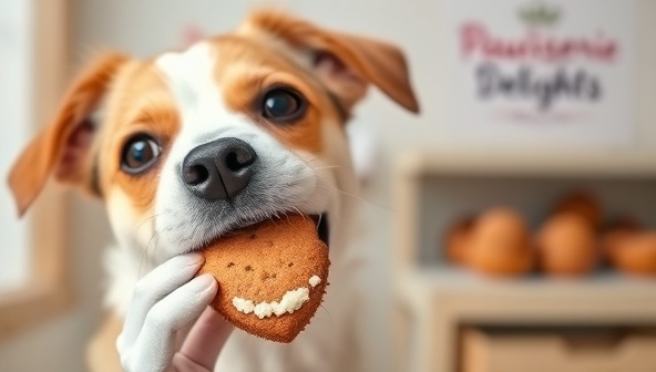 An adorable dog enjoying a freshly baked treat from the Pawtisserie Delights bakery, capturing the joy and delight of pets indulging in gourmet goodies made with love.