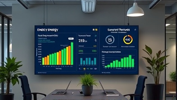 An office setting with a large digital screen displaying real-time energy consumption data and AI-powered energy optimization recommendations, surrounded by sustainable office features like LED lighting and smart thermostats, symbolizing intelligent energy management and eco-friendly workplace practices.