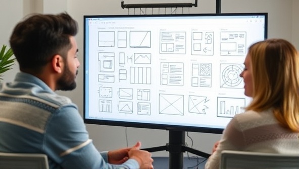 An engaging and collaborative design consultation session between a designer and a client, with sketches, wireframes, and design mockups displayed on a digital screen, symbolizing creativity, feedback, and partnership in the design process.