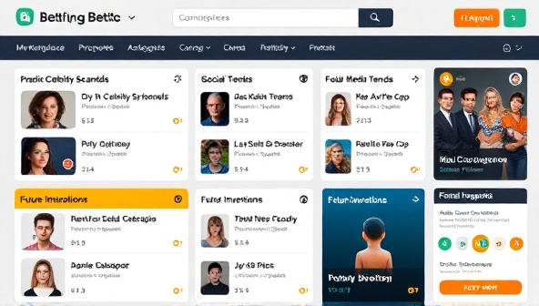 A digital marketplace interface displaying a variety of unconventional betting categories and events, such as predicting celebrity scandals, social media trends, and future inventions, with colorful icons and user-generated event proposals, capturing the diversity and creativity of the betting marketplace.