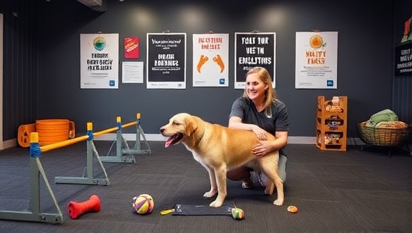A pet-friendly workout area with agility equipment, toys, and a fitness coach guiding a dog through exercise routines, surrounded by motivational posters and healthy snacks, promoting an active and fun fitness experience for pets and their owners.