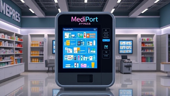 An eye-catching visual of a sleek, futuristic drug dispensing kiosk with a touch screen interface, displaying various health products and personalized recommendations for customers, illustrating the cutting-edge technology and convenience offered by MediPort Express.