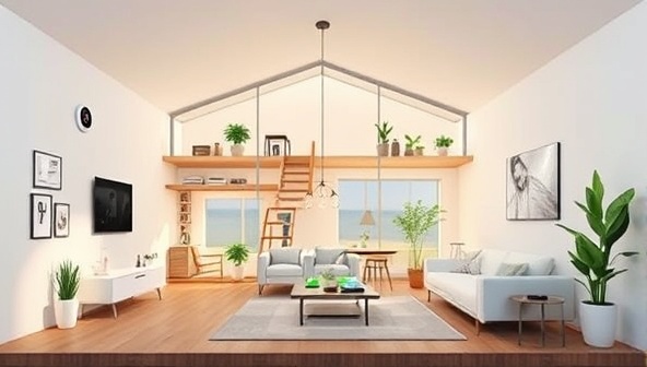An illustrative representation of a modern smart home equipped with GreenHome Tech automation devices, showing a seamlessly connected and energy-efficient living space with smart controls for lighting, temperature, and energy monitoring, emphasizing comfort and sustainability.