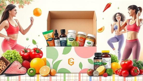 An artistic rendering of a beautifully designed subscription box filled with colorful nutraceutical products, surrounded by images of fresh fruits, vegetables, and active individuals engaged in fitness activities, conveying a sense of vitality and wellness.