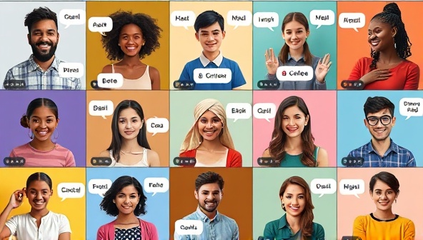 A vibrant digital collage featuring diverse individuals of different ethnicities engaging in virtual language exchange sessions via video calls, with speech bubbles showing words in various languages, symbolizing global communication and cultural exchange.