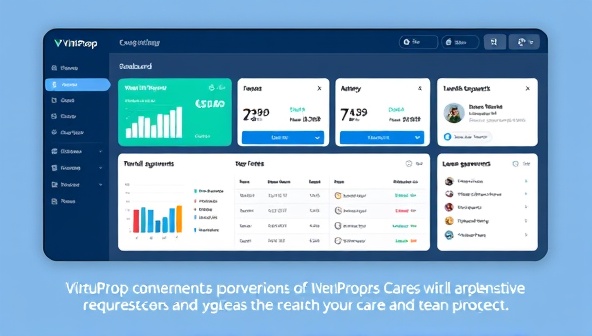 A digital interface displaying a comprehensive property management dashboard with rental income reports, maintenance requests, lease agreements, and tenant communication logs, highlighting the convenience and efficiency of VirtuProp Care's virtual services.
