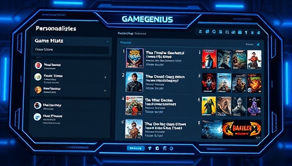 A futuristic digital screen displaying a personalized game recommendation list based on the user's gaming history and preferences, with interactive elements for exploring new titles and genres, showcasing the intelligence and customization of GameGenius.