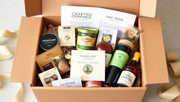 An elegantly designed subscription box overflowing with an assortment of artisanal delicacies, gourmet chocolates, exotic spices, and specialty condiments, accompanied by a curated tasting guide and personalized note, evoking the luxury and indulgence of Crafted Cravings Collection's culinary discovery experience.