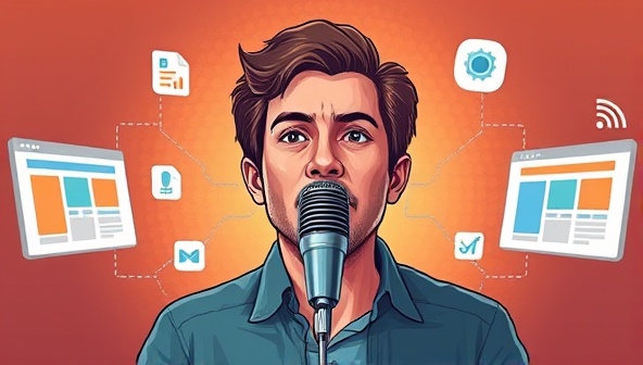 An artistic rendering of a person speaking to a microphone, surrounded by website design elements that respond to voice commands, conveying the hands-free and interactive nature of website creation with VoiceWebBuilder.