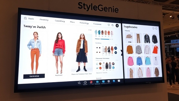 An interactive screen displaying the StyleGenie platform with virtual outfit suggestions, mix-and-match options, and style inspiration boards, showcasing a personalized and trendy fashion styling experience that combines AI technology with individual style preferences, reflecting the innovation and creativity of the platform.