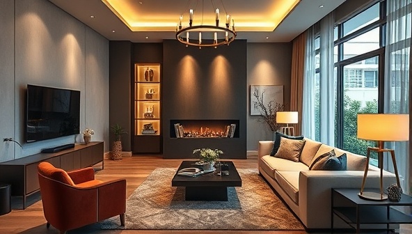 An elegantly designed living room featuring smart home devices seamlessly integrated into the decor, showcasing voice-activated controls, smart lighting, and climate settings, illustrating the modern and sophisticated lifestyle enabled by IntelliHomes Tech's innovative smart home technology installations.