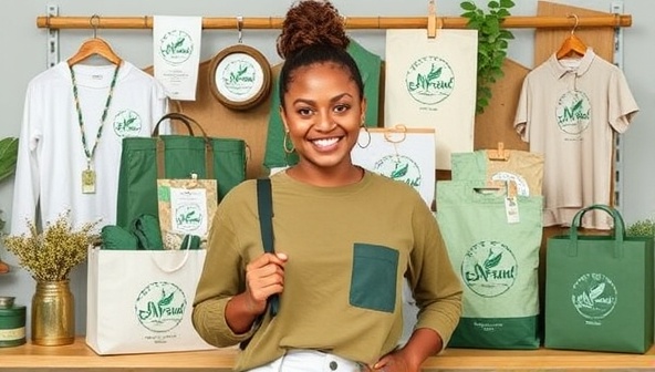 An influencer proudly showcasing a range of sustainable merchandise, including stylish apparel and accessories made from recycled materials, with eco-friendly packaging and nature-inspired branding elements, reflecting the eco-conscious values of EcoTrend Creations.