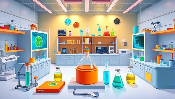 A colorful and engaging virtual science lab environment with animated equipment, lab coats, and scientific tools, creating an immersive and interactive space for students to explore scientific concepts and conduct experiments virtually.