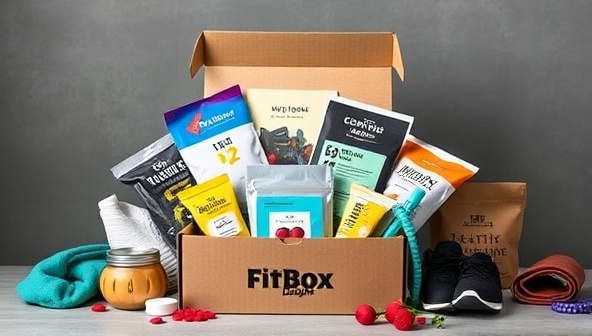 An image of a beautifully designed subscription box filled with fitness products, workout gear, healthy snacks, and motivational quotes, creating an enticing and delightful visual representation of FitBox Delight.