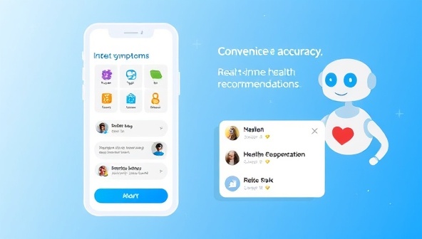 An animated visualization of the SymptoSense app interface, featuring a user inputting symptoms and receiving real-time health recommendations, with colorful health icons and a chatbot providing guidance, showcasing convenience and accuracy.
