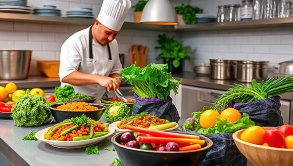 A modern kitchen scene with a chef preparing vibrant plant-based dishes using fresh vegetables, herbs, and colorful ingredients, reflecting the freshness and creativity of the subscription service's culinary offerings.