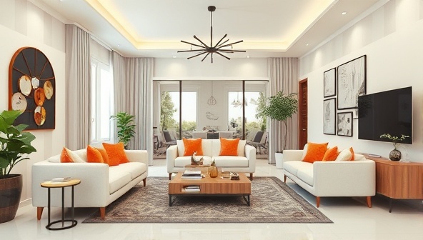 An aesthetically pleasing virtual room design visualization featuring a digitally transformed living space with stylish furniture arrangements, color schemes, and decor accents, showcasing the virtual interior design expertise and creativity of the consultancy.