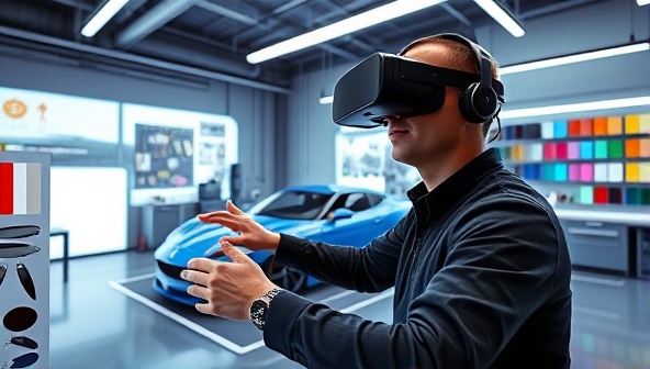 An immersive virtual reality scene showing a user wearing a headset and manipulating virtual car parts and colors in a futuristic digital garage, surrounded by high-tech design tools and a lifelike custom car model, highlighting the innovative and interactive nature of CustomRide VR.