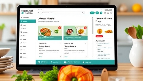 A visually appealing image of the AllergySmart Kitchen platform interface displaying customized allergy-friendly recipes, ingredient substitutions, and personalized meal plans, designed to accommodate various food allergies and dietary restrictions, promoting safe and enjoyable cooking experiences for users with specific dietary needs.