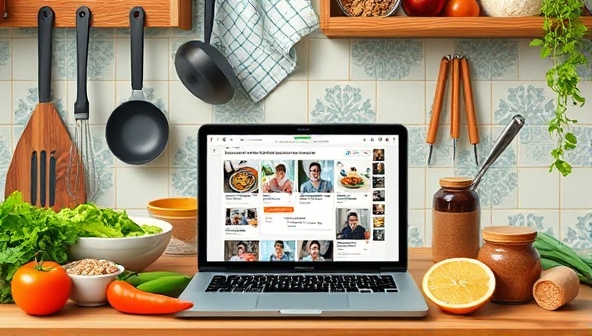 A digital kitchen setting with diverse ingredients, cooking utensils from different cultures, a laptop displaying a live cooking exchange session, and participants sharing recipes and techniques, showcasing a vibrant and inclusive culinary community united by a love for food and learning.