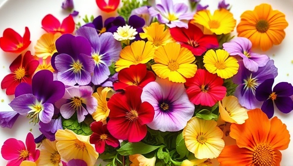 A dazzling array of colorful and delicate edible flowers arranged in a gourmet dish, garnishing a beautifully plated culinary creation, highlighting the exquisite and artistic use of PetalPalate Gardens' premium flower varieties in haute cuisine.