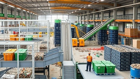 A modern and efficient construction materials recycling plant with conveyor belts, sorting machines, and workers processing waste materials into reusable products, demonstrating the eco-friendly and sustainable operations of EcoCycle Solutions.