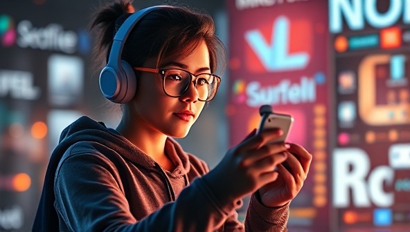 An artistic representation of a virtual influencer character interacting with a real-world product, blending the virtual and physical realms seamlessly to demonstrate the potential of influencer marketing.