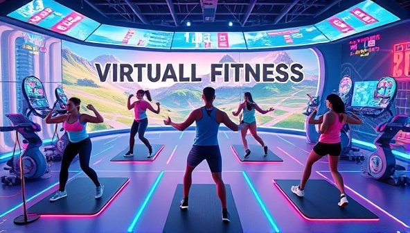 An illustration of players in a virtual fitness arena, engaging in dynamic workout challenges and activities, surrounded by futuristic exercise equipment and vibrant virtual landscapes, promoting a fun and active approach to fitness through gaming.