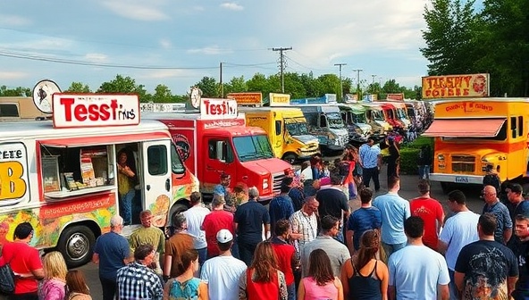 A lively image of a food truck rally showcasing colorful trucks, delicious food offerings, and a diverse crowd enjoying the festive atmosphere, capturing the essence of community and culinary diversity.