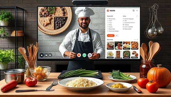An appetizing visual representation of a virtual cooking class setup with a professional chef guiding participants through a recipe, displaying fresh ingredients, cooking utensils, and a digital recipe interface, creating an interactive and immersive culinary learning experience for cooking enthusiasts.