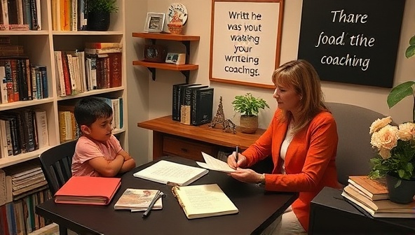 A cozy home office setup with a writer and a coach engaged in a focused conversation, surrounded by books, writing tools, and motivational quotes, illustrating a supportive and nurturing coaching environment.