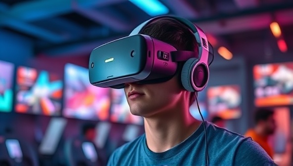 An individual wearing a VR headset, fully engaged in a virtual reality game environment with futuristic graphics and dynamic gameplay, highlighting the immersive and captivating nature of VRcade's subscription service.