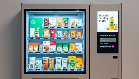 A sleek and modern smart snack vending machine setup displaying a variety of healthy snack options, including protein bars, fruit snacks, organic trail mixes, and cold-pressed juices, with digital screens promoting the nutritious and mindful snacking choices available, appealing to health-conscious individuals on the go.