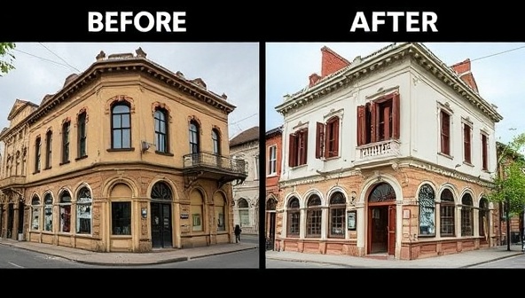 A before-and-after image collage showcasing the restoration of a historic building, highlighting the transformation from a neglected state to a beautifully preserved architectural gem, emphasizing the importance and impact of heritage preservation.