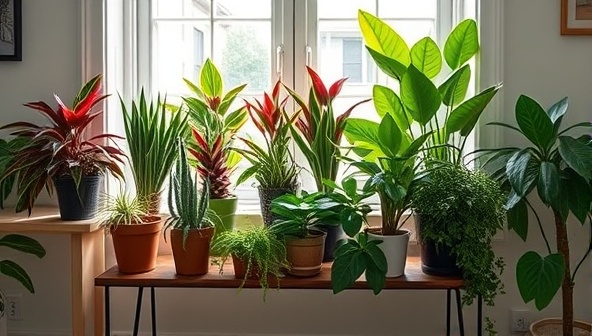 An assortment of vibrant, lush houseplants arranged on a stylish plant stand against a backdrop of a sunlit window, conveying the beauty and variety of plants offered through the customized plant subscription service.