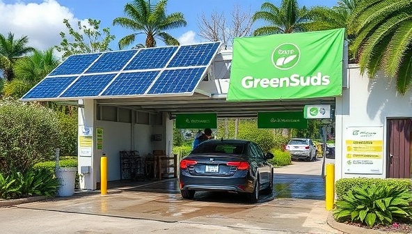 An eco-friendly car wash facility featuring solar panels, water recycling systems, and technicians using biodegradable cleaning products, surrounded by lush greenery and environmentally friendly signage, showcasing the sustainable and eco-conscious practices of GreenSuds Car Spa.