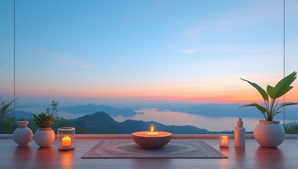 An inviting virtual wellness retreat setting with serene imagery, such as a tranquil nature backdrop, calming colors, and elements symbolizing relaxation and mindfulness, evoking a sense of peace and rejuvenation.