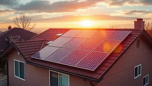 A rooftop solar panel installation on a residential property, with sunlight gleaming on the panels and a digital display showing energy savings in real-time, creating a futuristic and sustainable energy ecosystem.