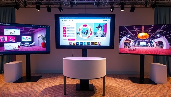 A virtual event planning setup with screens displaying virtual event platforms, design mood boards, and interactive event elements, illustrating the creativity and technical proficiency of the consultancy in organizing virtual experiences.