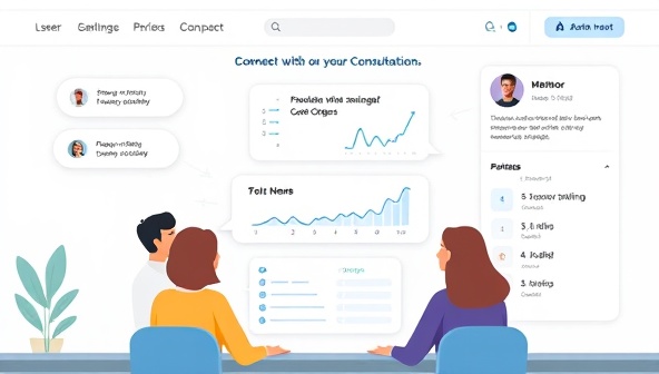 An interactive marketplace interface showcasing users connecting with financial mentors for personalized consultations, with chat bubbles, financial charts, and mentor profiles displayed, illustrating peer-to-peer financial consulting in a digital setting.