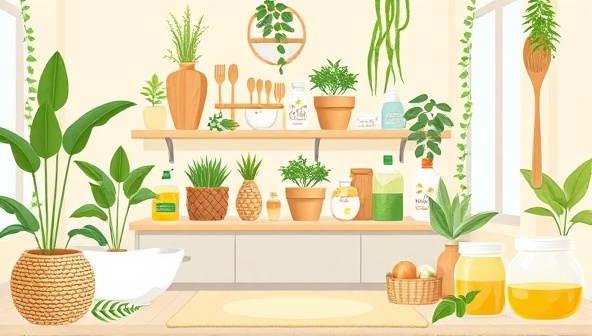 An aesthetically pleasing digital illustration of a sustainable home environment filled with eco-friendly products such as bamboo utensils, natural cleaning supplies, and reusable containers, creating a harmonious and green living space that embodies the essence of GreenHaven Online Shop's eco-friendly marketplace.