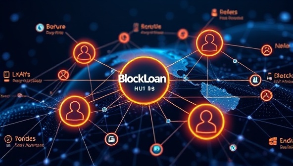 An innovative visualization of blockchain technology connecting borrowers and lenders in a digital ecosystem on the BlockLoan Hub platform, featuring secure transaction nodes, decentralized lending pools, and transparent loan agreements, symbolizing the future of micro-lending through blockchain innovation.