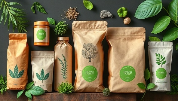 A collection of eco-friendly packaging designs made from recycled materials, featuring natural textures and earthy colors, surrounded by green foliage and eco-conscious symbols, conveying the concept of sustainable packaging and creativity.